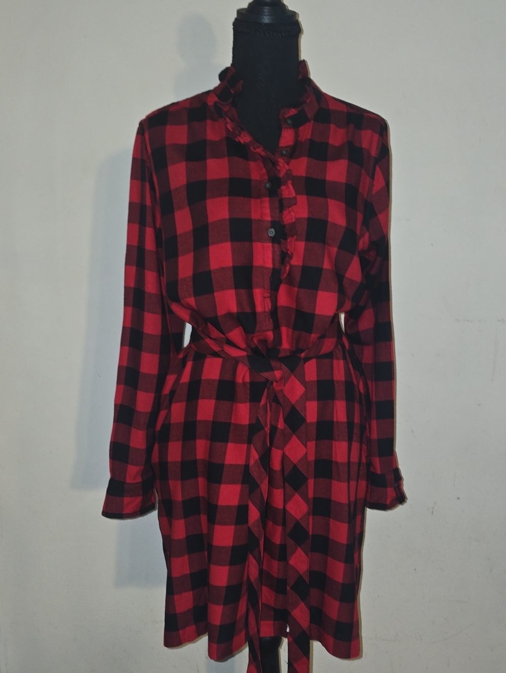 GAP Red and Black Plaid Belted Shirt Dress